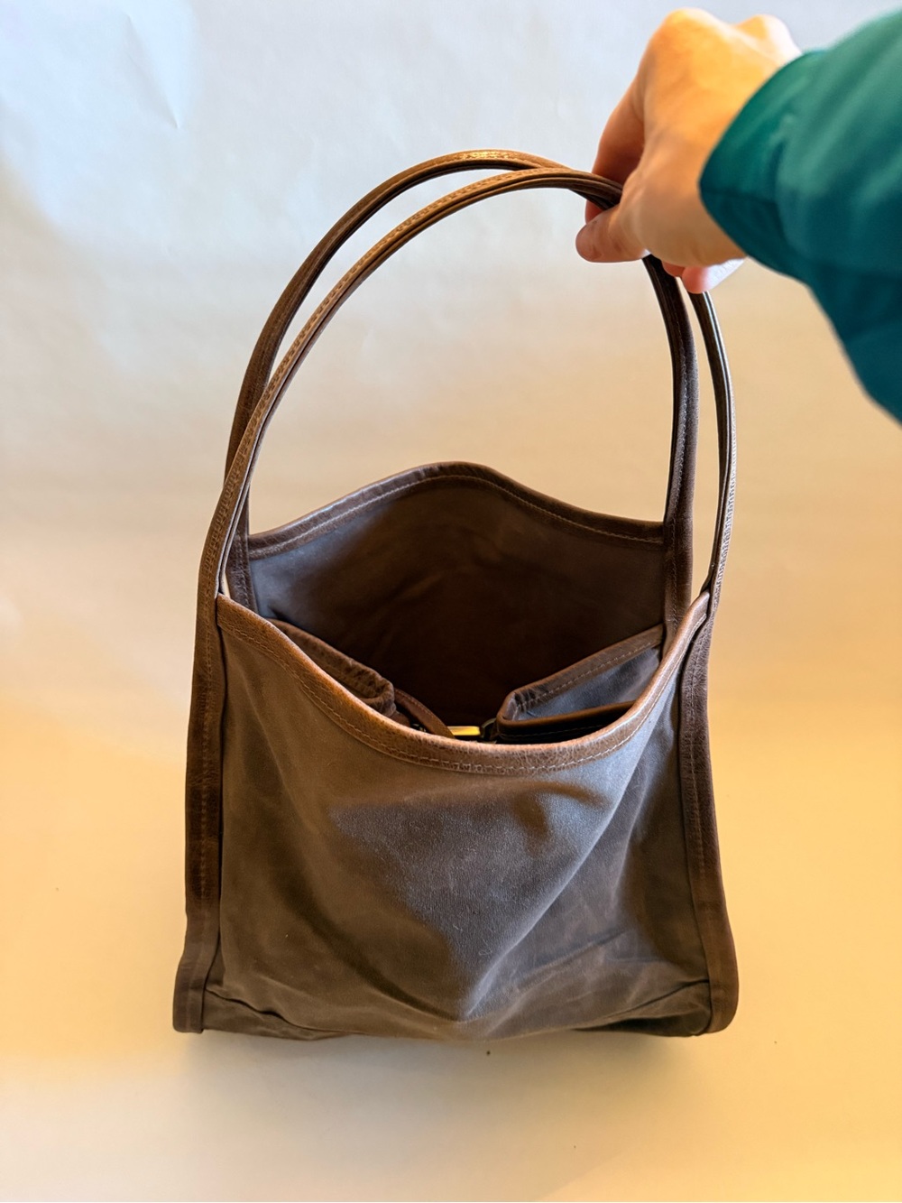 Distressed Brown Canvas Leather Trim Slouchy Shoulder Tote